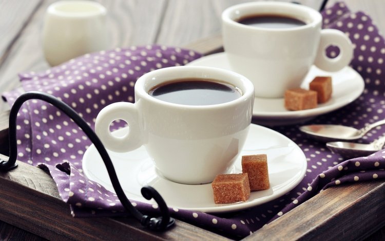 кофе, ложки, кубики, завтрак, салфетка, молоко, чашки, сахар, поднос, coffee, spoon, cubes, breakfast, napkin, milk, cup, sugar, tray