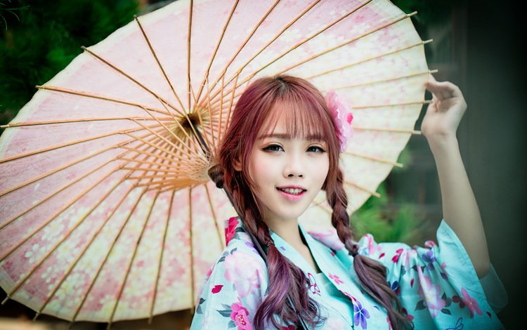 стиль, азиатка, девушка, косы, улыбка, взгляд, модель, волосы, зонт, кимоно, style, asian, girl, braids, smile, look, model, hair, umbrella, kimono