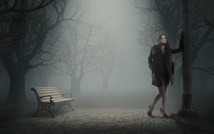 ночь, девушка, парк, туман, скамья, night, girl, park, fog, bench