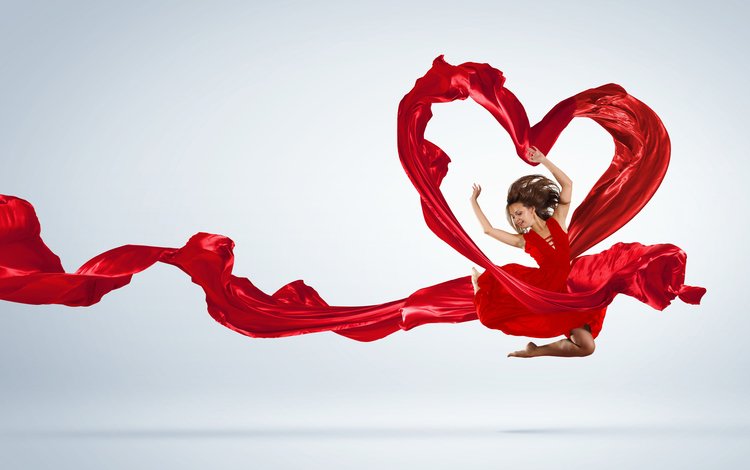 девушка, настроение, радость, сердце, танец, ткань, волосы, красное платье, girl, mood, joy, heart, dance, fabric, hair, red dress