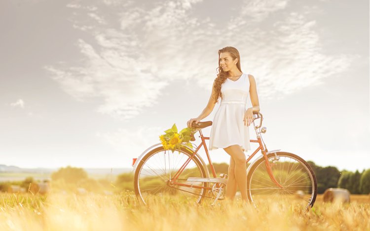 цветы, девушка, поле, взгляд, волосы, лицо, велосипед, белое платье, flowers, girl, field, look, hair, face, bike, white dress