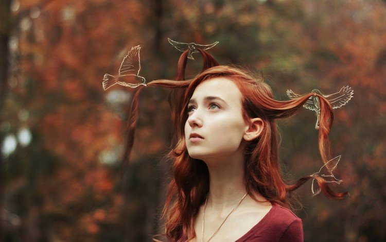 лес, девушка, портрет, рыжая, птицы, волосы, forest, girl, portrait, red, birds, hair