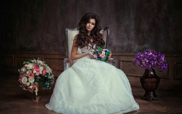 цветы, девушка, взгляд, волосы, лицо, белое платье, невеста, букеты, flowers, girl, look, hair, face, white dress, the bride, bouquets