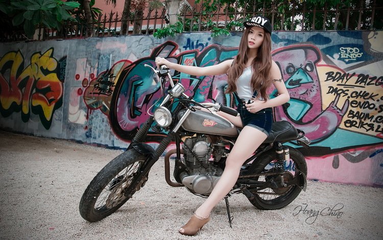 девушка, фон, стена, сидит, мотоцикл, графити, азиатка, girl, background, wall, sitting, motorcycle, grafiti, asian