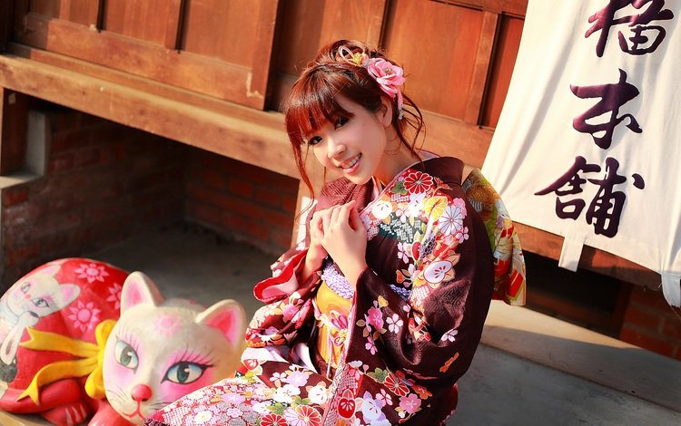 девушка, улыбка, взгляд, лицо, одежда, кимоно, азиатка, girl, smile, look, face, clothing, kimono, asian