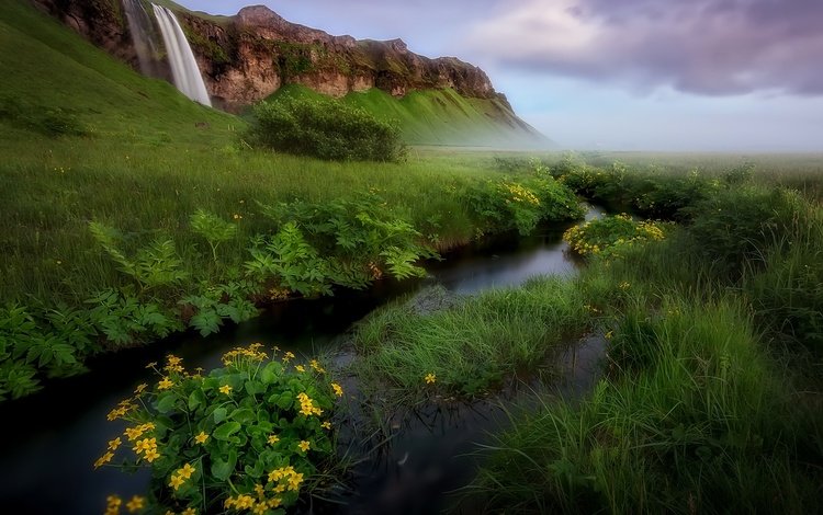 небо, водопад, цветы, трава, облака, река, природа, пейзаж, гора, the sky, waterfall, flowers, grass, clouds, river, nature, landscape, mountain