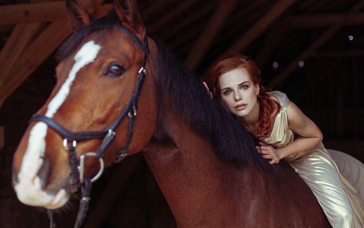 лошадь, девушка, взгляд, рыжая, модель, конь, белое платье, рыжеволосая, horse, girl, look, red, model, white dress, redhead