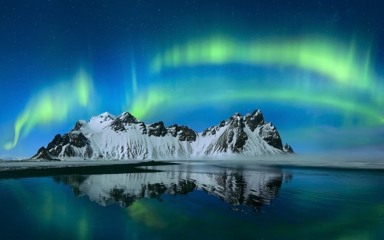 небо, ночь, горы, северное сияние, исландия, стокснес, the sky, night, mountains, northern lights, iceland, have stoknes