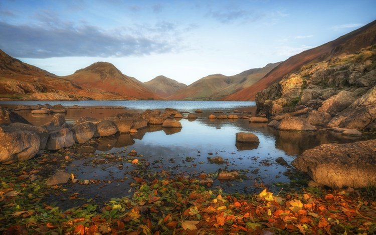 озеро, горы, камни, листья, пейзаж, осень, англия, lake, mountains, stones, leaves, landscape, autumn, england