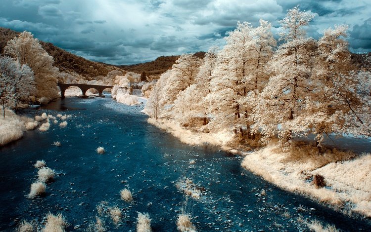 река, мост, франция, инфракрасный снимок, сен-жан-дю-гар, river, bridge, france, infrared the, saint-jean-du-gard