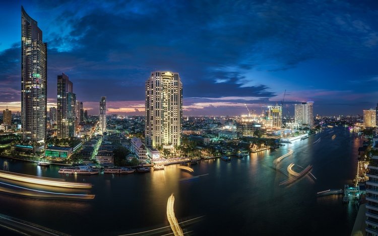 река, небоскребы, ночной город, здания, таиланд, бангкок, river, skyscrapers, night city, building, thailand, bangkok