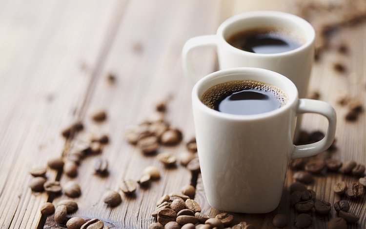 зерна, кофе, кружки, кофейные зерна, деревянная поверхность, grain, coffee, mugs, coffee beans, wooden surface