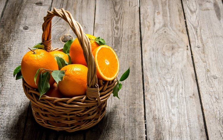 фрукты, апельсины, корзинка, цитрусы, деревянная поверхность, fruit, oranges, basket, citrus, wooden surface