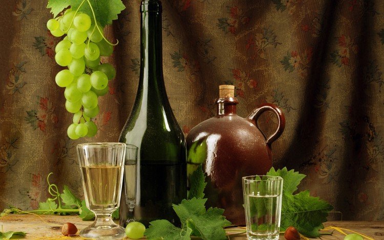 листья, композиция, виноград, рюмки, бокал, вино, стакан, бутылка, кувшин, водка, натюрморт, still life, leaves, composition, grapes, glasses, glass, wine, bottle, pitcher, vodka
