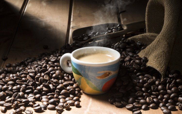 кофе, чашка, кофейные зерна, мешковина, совок, coffee, cup, coffee beans, burlap, scoop