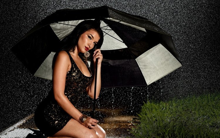 трава, зонтик, черное платье, девушка, поза, брюнетка, капли, дождь, зонт, губы, grass, black dress, girl, pose, brunette, drops, rain, umbrella, lips