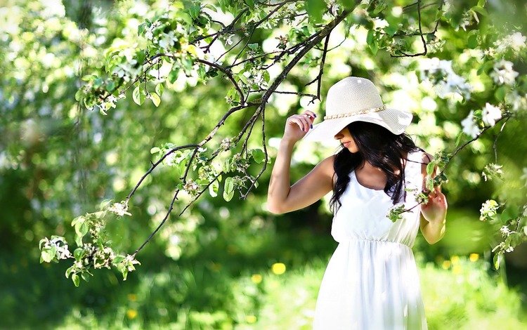 девушка, сад, шляпа, белое платье, girl, garden, hat, white dress