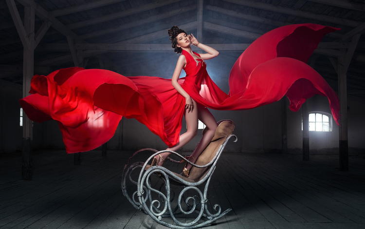 девушка, модель, красное платье, даниэль илинка, teo dora, кресло-качалка, girl, model, red dress, daniel ilinca, rocking chair