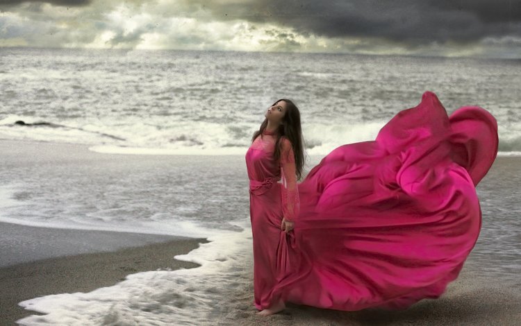 берег, девушка, море, взгляд, волосы, лицо, розовое платье, shore, girl, sea, look, hair, face, pink dress