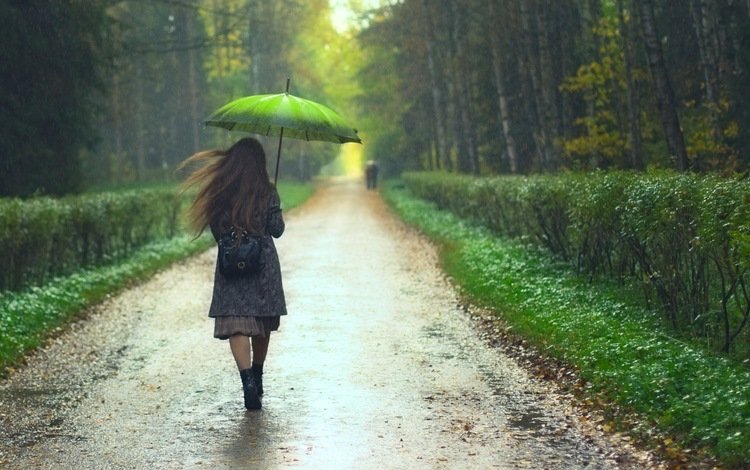 деревья, девушка, парк, кусты, дождь, волосы, зонт, аллея, trees, girl, park, the bushes, rain, hair, umbrella, alley