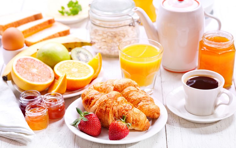 фрукты, клубника, кофе, завтрак, сок, круассаны, fruit, strawberry, coffee, breakfast, juice, croissants