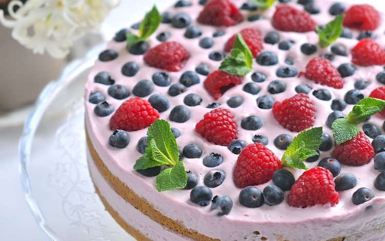 мята, малина, ягоды, черника, торт, десерт, пирог, крем, mint, raspberry, berries, blueberries, cake, dessert, pie, cream
