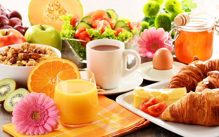 фрукты, кофе, овощи, завтрак, герберы, сок, круассаны, fruit, coffee, vegetables, breakfast, gerbera, juice, croissants