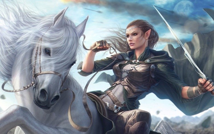 арт, всадница, лошадь, девушка, воин, меч, фэнтези, конь, грива, эльфийка, elf, art, rider, horse, girl, warrior, sword, fantasy, mane