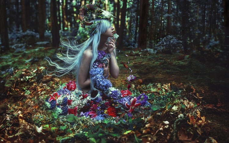 цветы, kindra nikole, природа, of withering abundance, магия фантазия, лес, девушка, фантазия, модель, волосы, рога, flowers, delana nikole, nature, forest, girl, fantasy, model, hair, horns