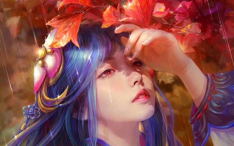 арт, cao yuwen, рука, листья, девушка, дождь, лицо, красные глаза, голубые волосы, art, hand, leaves, girl, rain, face, red eyes, blue hair