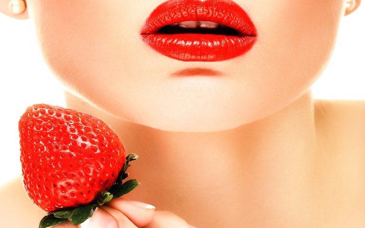 девушка, ягода, клубника, модель, губы, лицо, белый фон, красная помада, girl, berry, strawberry, model, lips, face, white background, red lipstick