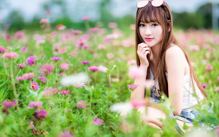 цветы, девушка, поле, взгляд, волосы, азиатка, боке, flowers, girl, field, look, hair, asian, bokeh