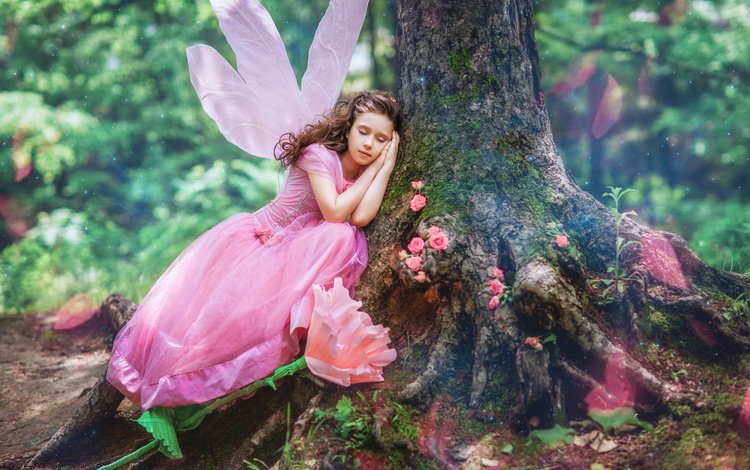 дерево, закрытые глаза, лес, diana lipkina, платье, цветок, крылья, девочка, фея, ствол, tree, closed eyes, forest, dress, flower, wings, girl, fairy, trunk