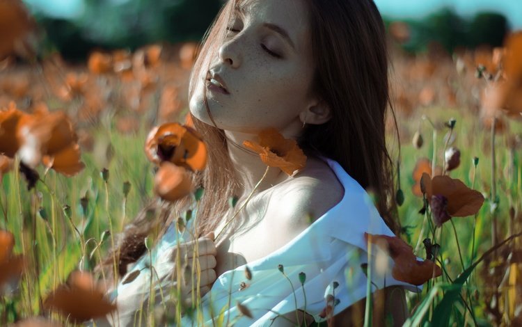 цветы, девушка, маки, волосы, лицо, закрытые глаза, flowers, girl, maki, hair, face, closed eyes