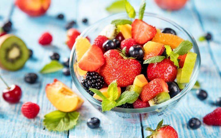 мята, персик, малина, ежевика, фрукты, клубника, ягоды, вишня, киви, черника, mint, peach, raspberry, blackberry, fruit, strawberry, berries, cherry, kiwi, blueberries