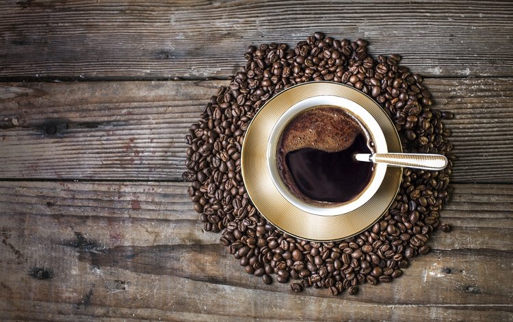 кофе, чашка, кофейные зерна, деревянная поверхность, coffee, cup, coffee beans, wooden surface