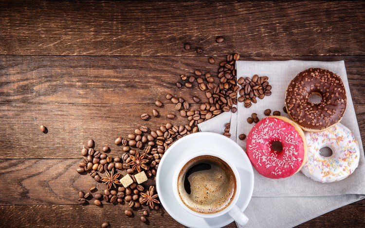 кофе, деревянная поверхность, чашка, кофейные зерна, пончики, сахар, выпечка, глазурь, бадьян, coffee, wooden surface, cup, coffee beans, donuts, sugar, cakes, glaze, star anise