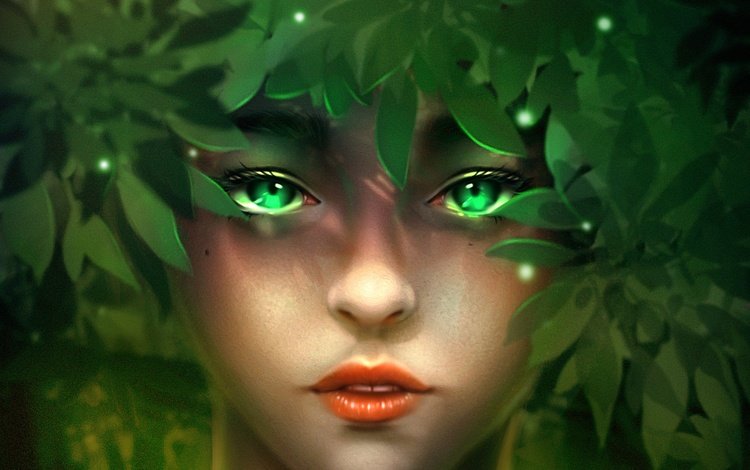 листья, девушка, взгляд, фэнтези, лицо, зеленые глаза, minnhsg, leaves, girl, look, fantasy, face, green eyes