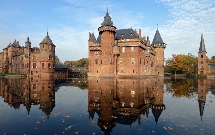 вода, отражение, замок, нидерланды, голландия, замок де хаар, de haar castle, water, reflection, castle, netherlands, holland, castle de haar