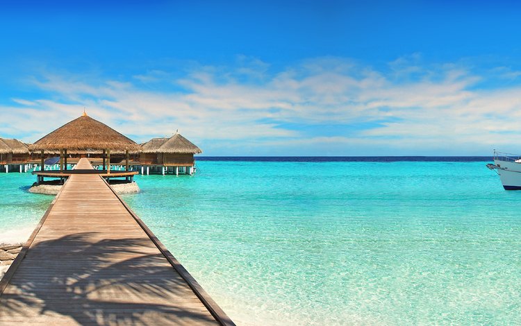 пляж, бунгало, тропики, катер, мальдивы, beach, bungalow, tropics, boat, the maldives