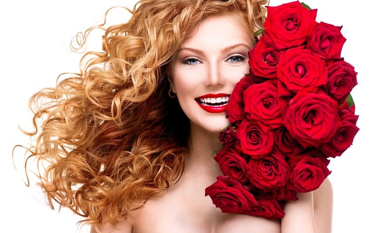 цветы, лицо, девушка, макияж, улыбка, красные губы, розы, кудрявая, взгляд, рыжая, модель, букет, flowers, face, girl, makeup, smile, red lips, roses, curly, look, red, model, bouquet