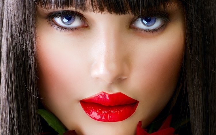 девушка, помада, цветок, красные губы, портрет, челка, брюнетка, взгляд, модель, губы, лицо, girl, lipstick, flower, red lips, portrait, bangs, brunette, look, model, lips, face