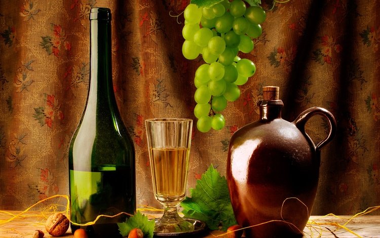 листья, штора, орехи, натюрморт, виноград, грецкий орех, бокал, вино, бутылка, кувшин, фундук, leaves, blind, nuts, still life, grapes, walnut, glass, wine, bottle, pitcher, hazelnuts