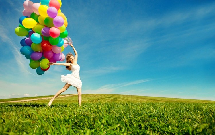 небо, трава, облака, девушка, настроение, поле, белое платье, воздушные шарики, the sky, grass, clouds, girl, mood, field, white dress, balloons