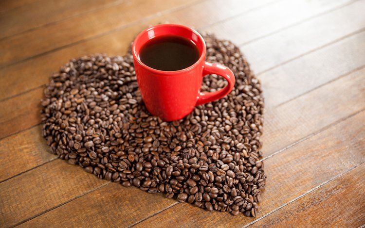 кофе, сердце, чашка, кофейные зерна, деревянная поверхность, coffee, heart, cup, coffee beans, wooden surface