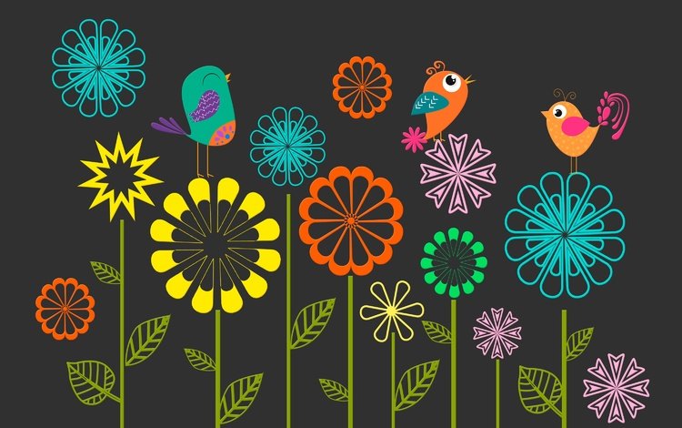 цветы, вектор, птицы, весна, черный фон, flowers, vector, birds, spring, black background
