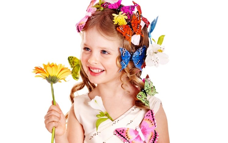 цветы, бабочки, улыбка, взгляд, дети, девочка, волосы, лицо, ребенок, flowers, butterfly, smile, look, children, girl, hair, face, child