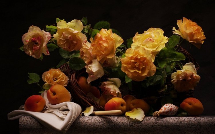 цветы, розы, фрукты, ракушки, черный фон, корзина, плоды, натюрморт, абрикосы, apricots, flowers, roses, fruit, shell, black background, basket, still life