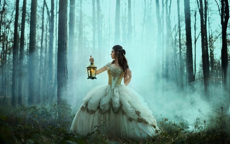 деревья, лес, девушка, платье, туман, фонарь, сказка, bella kotak, trees, forest, girl, dress, fog, lantern, tale