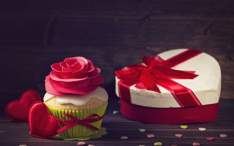 роза, лента, подарок, сердечки, украшение, выпечка, кекс, день рожденья, rose, tape, gift, hearts, decoration, cakes, cupcake, birthday